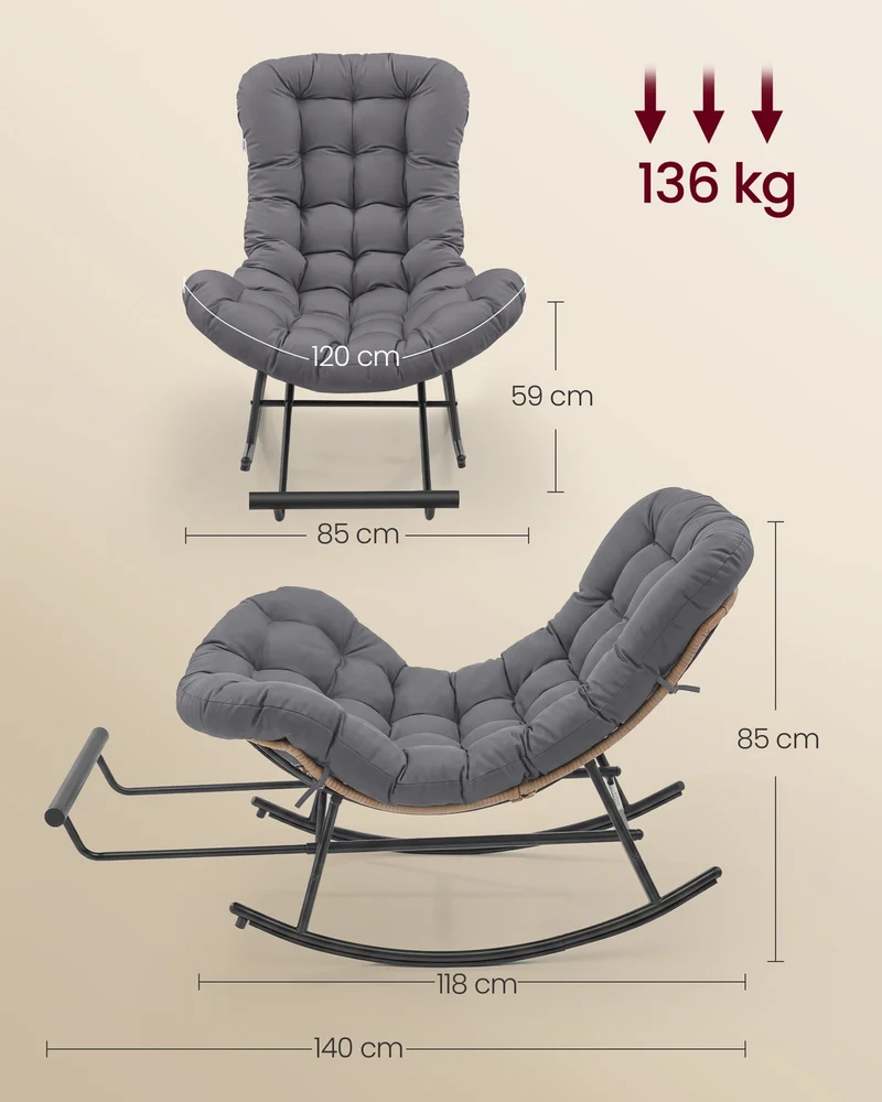 Fauteuil à bascule cocooning avec repose-pieds extensible 118 x 85 x 85 cm ambiance cosy en acier gris 12_0012061