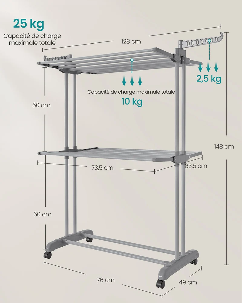Séchoir à linge mobile pliable 63,5 x 128 x 148 cm grande capacité intérieur extérieur en acier gris 12_0013045