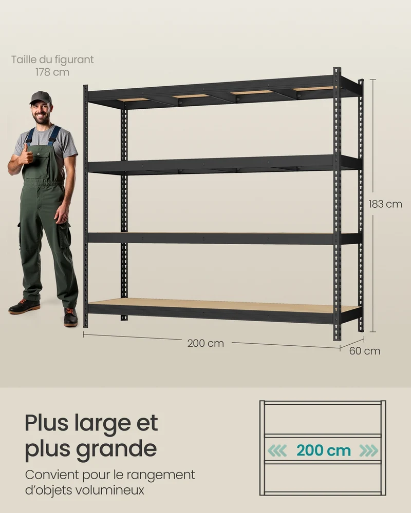 Étagère de rangement charge lourde 60 x 200 x 183 cm pour garage cave entrepôt design industriel en acier noir d'encre 12_0012904