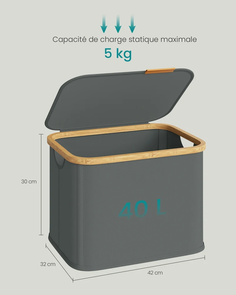 Panier à linge pliable pratique pour buanderie chambre salon 42 x 32 x 30 cm en tissu oxford gris ardoise 12_0012544
