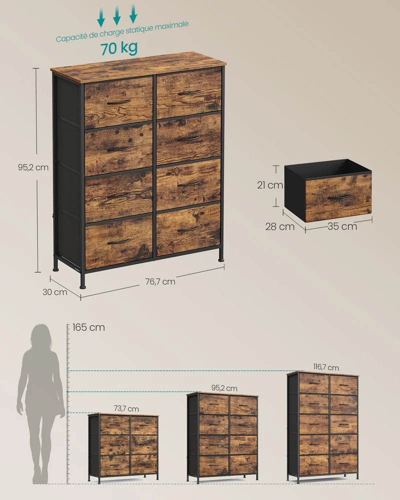 Commode de rangement 30 x 76,7 x 95,2 cm capacité 30 kg design rustique contemporain en MDF marron 12_0012444