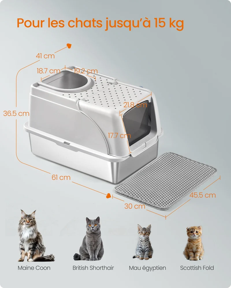 Bac à litière design étanche grande taille 61 x 40 x 36,5 cm pour chats jusqu'à 15 kg en acier inoxydable gris clair 12_0012433