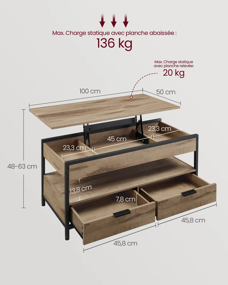 Table basse rectangulaire avec plateau relevable rangement ouvert 50 x 100 x 63 cm en panneau d'aggloméré noir 12_0011481