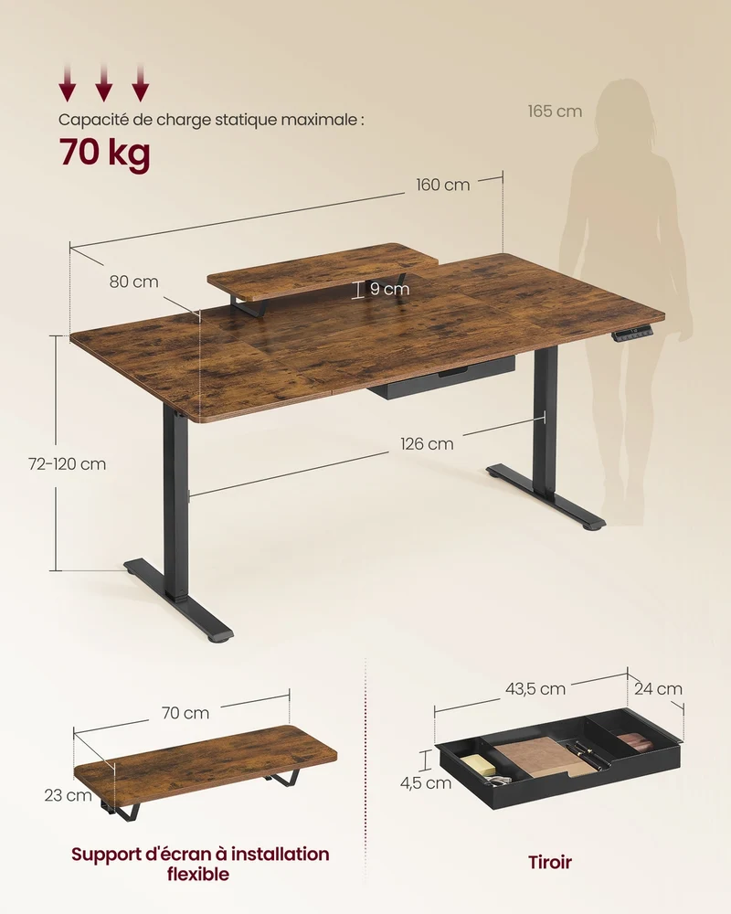 Bureau électrique réglable en hauteur 160 x 80 cm avec tiroir et support d'écran style moderne pour télétravail en aggloméré marron 12_0012579