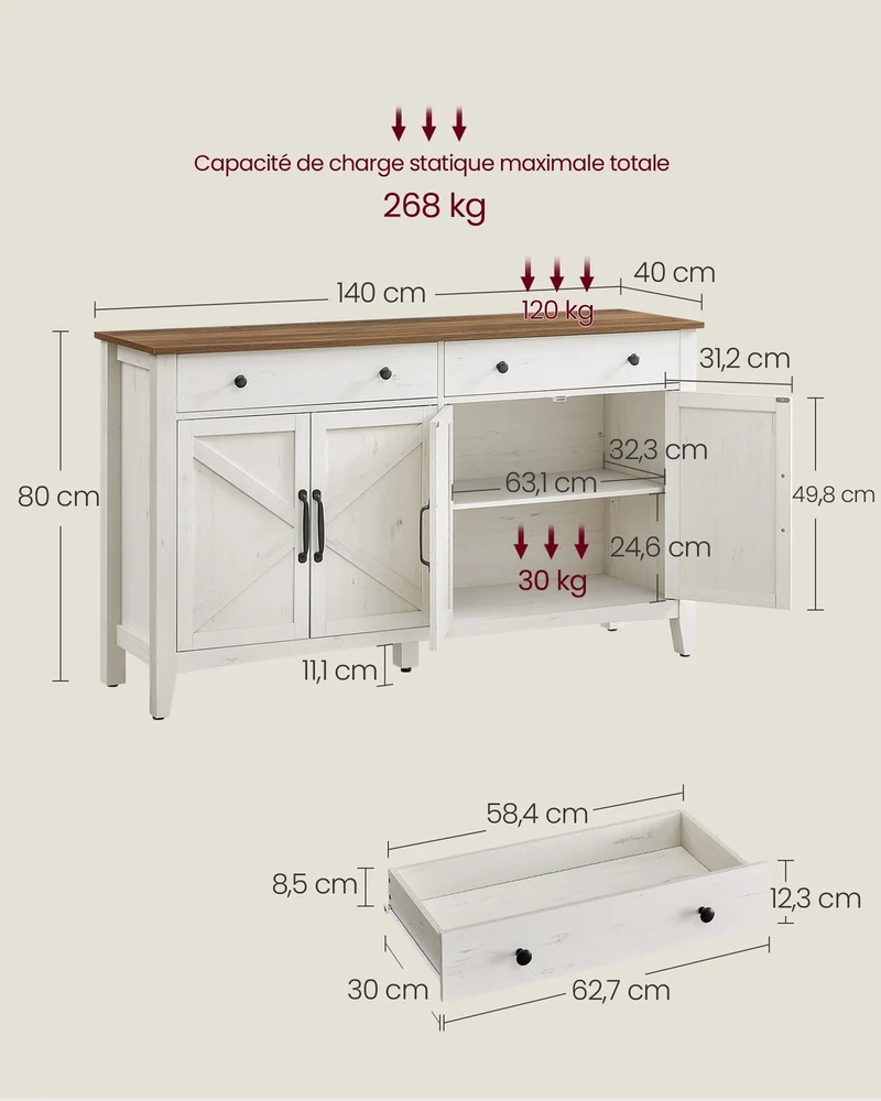 Buffet meuble de rangement style campagne 40 x 140 x 80 cm avec tiroir étagère réglable en MDF blanc rustique 12_0011429