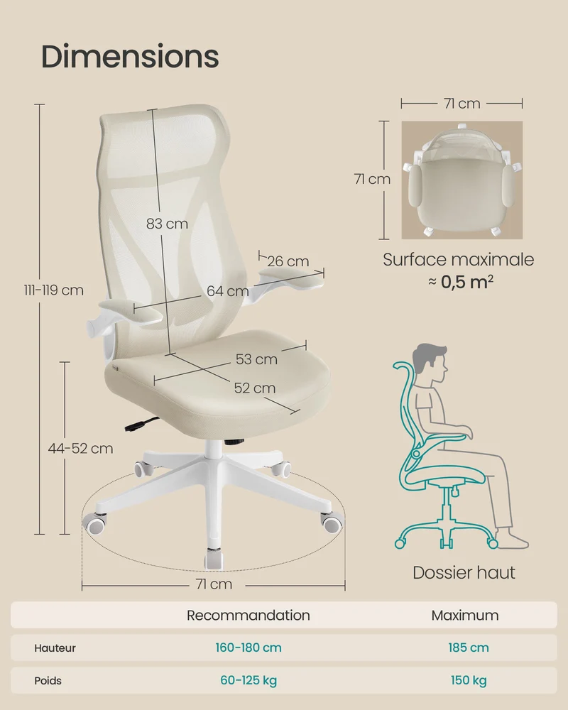 Chaise de bureau ergonomique réglable hauteur 71 x 71 x 119 cm assise confortable style moderne en polyester beige cappuccino 12_0011190
