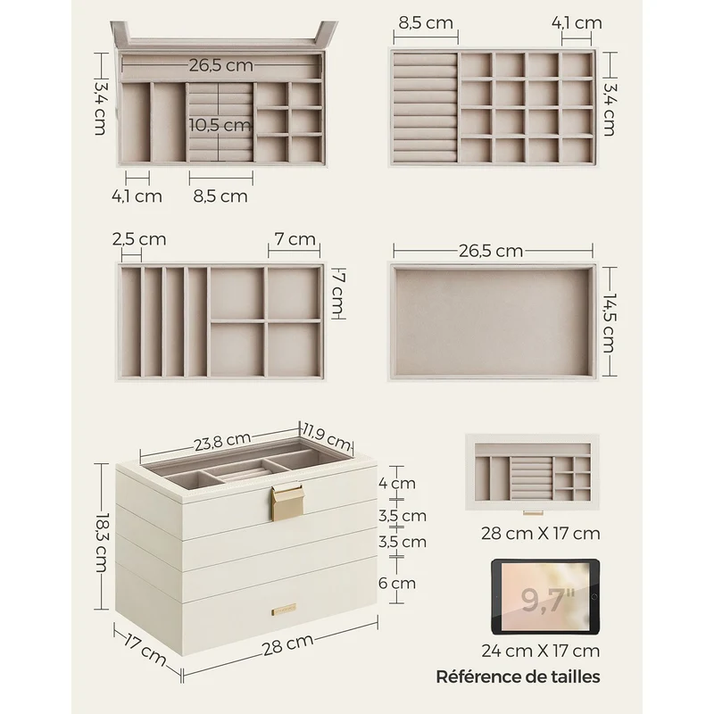 Boîte à bijoux spacieuse avec 4 plateaux empilables pour tiroir coiffeuse 17 x 28 x 18,3 cm en bois blanc 12_0010869