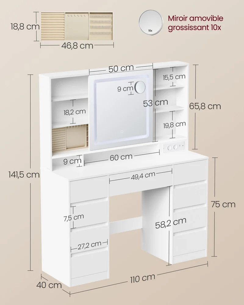Coiffeuse avec miroir LED rangement bijoux 40 x 110 x 141,5 cm installation facile style moderne en aggloméré blanc 12_0012521