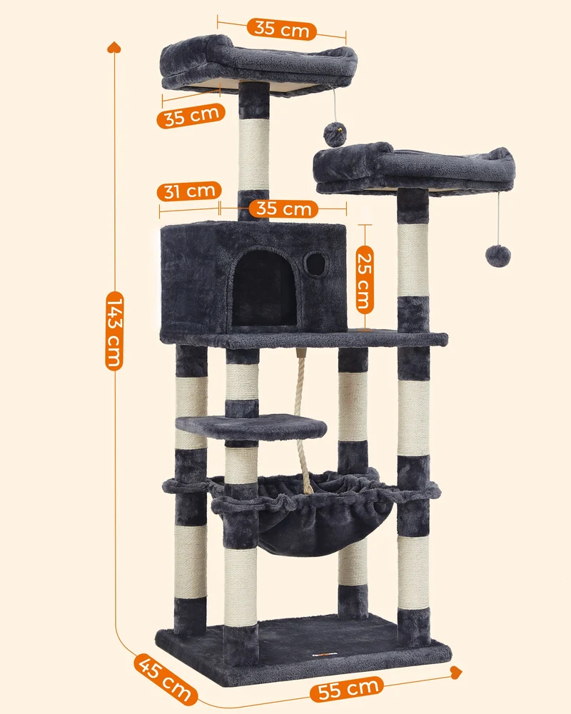 Arbre à chat stable avec niche 55 x 45 x 143 cm 2 plateformes d'observation confort matelassé en MDF gris clair 12_0008738