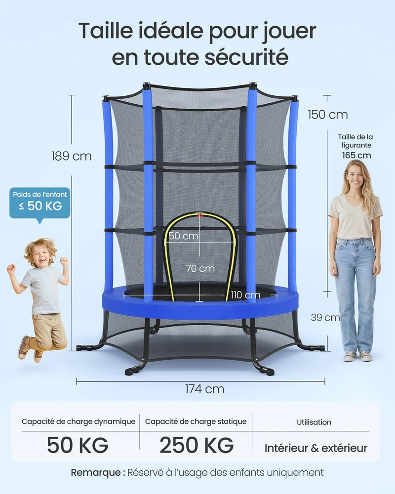 Trampoline rond pour enfants extérieur intérieur 174 x 39 cm avec filets de sécurité coussins de protection en PVC bleu 12_0013136