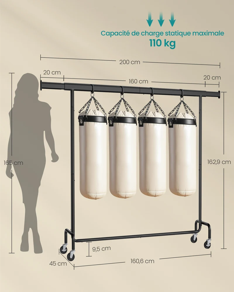 Portant à vêtements extensible avec roulettes capacité 110 kg 45 x 160 x 162,9 cm en métal noir mat 12_0012117