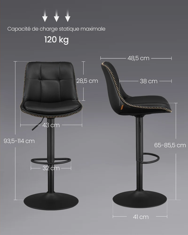 Lot de 2 tabourets de bar pivotants réglables 48.5 x 43 x 93.5-114 cm assise ergonomique style contemporain en PU noir 12_0011889