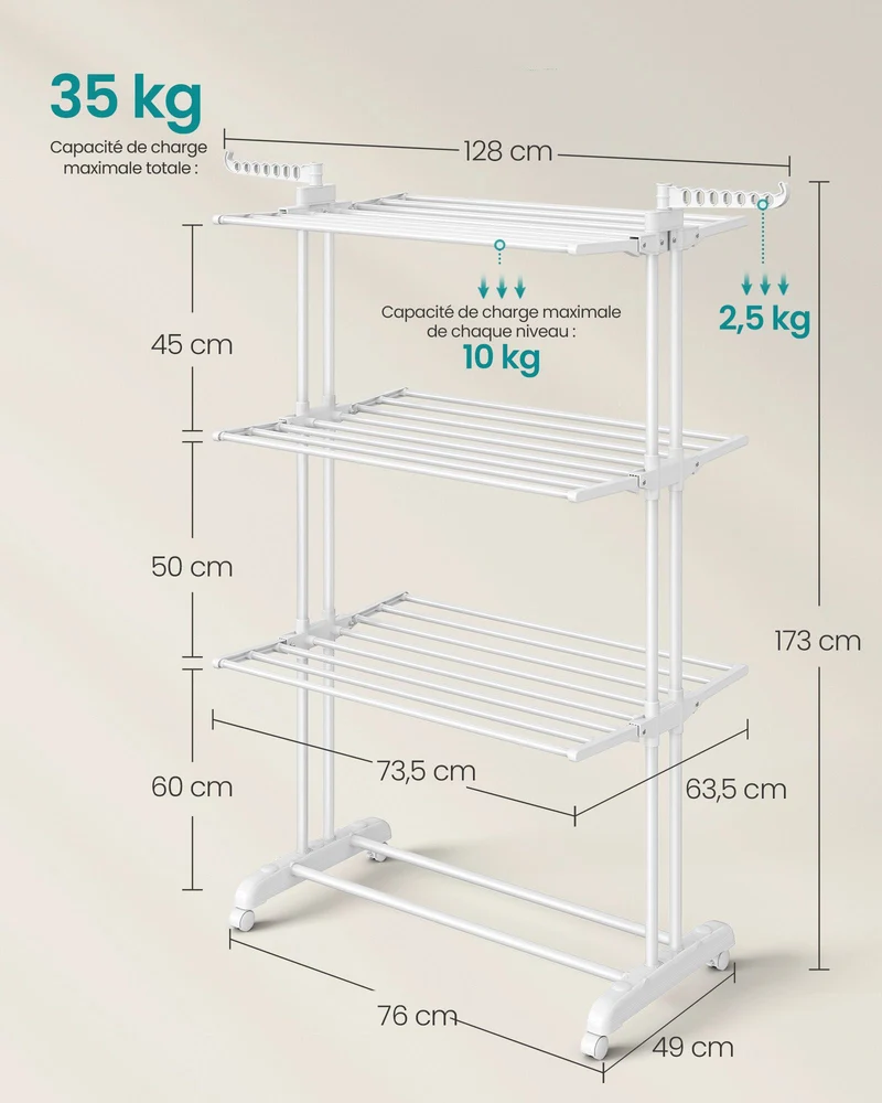 Séchoir à linge mobile pliable 63,5 x 128 x 173 cm grande capacité avec roulettes intérieur extérieur en acier blanc 12_0010770