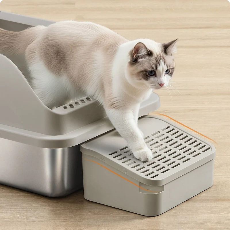 Bac à litière pour chat ouvert design pratique 61 x 41 x 30,2 cm capacité 28 L en acier inoxydable marron café 12_0012936