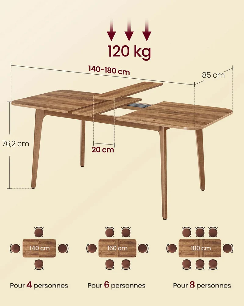 Table de salle à manger extensible 85 x 140/160/180 x 76,2 cm design épuré capacité 120 kg en bois d'hévéa marron miel 12_0012759