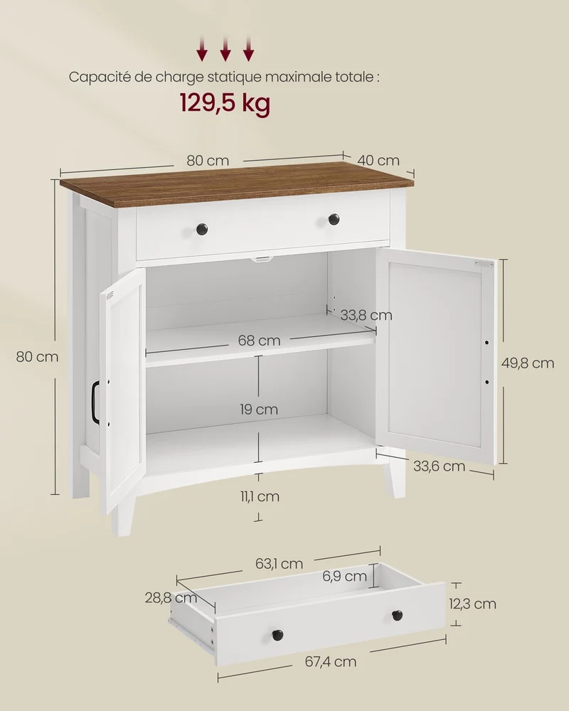 Buffet de rangement avec tiroir et étagère réglable 40 x 80 x 80 cm style campagne pour salon salle à manger en MDF blanc 12_0011712