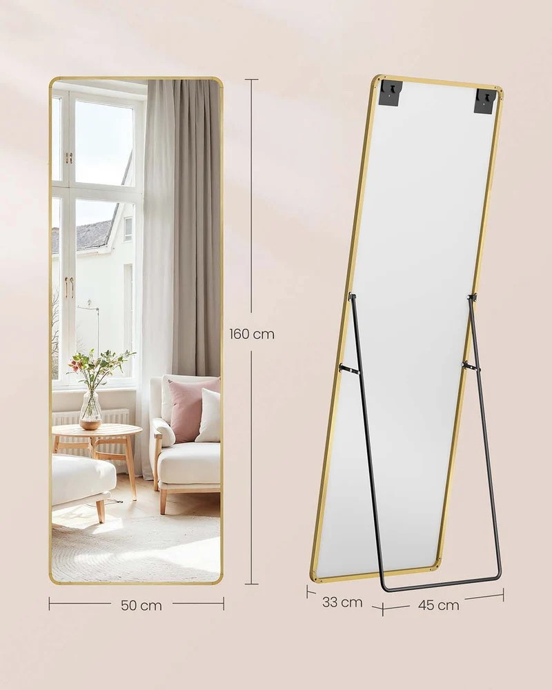 Miroir rectangulaire sur pied 160 x 50 cm grand miroir à poser au sol style moderne finition dorée en verre trempé doré clair 12_0011312