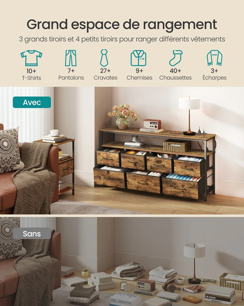 Commode de rangement industrielle avec éclairage LED 30 x 113,8 x 68,1 cm 7 tiroirs en aggloméré marron rustique 12_0012799