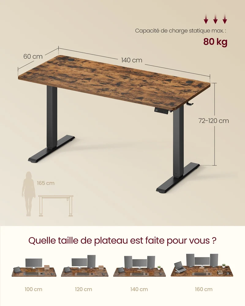 Bureau assis-debout réglable en hauteur 140 x 60 cm fonction mémoire design moderne télétravail en aggloméré marron 12_0012769