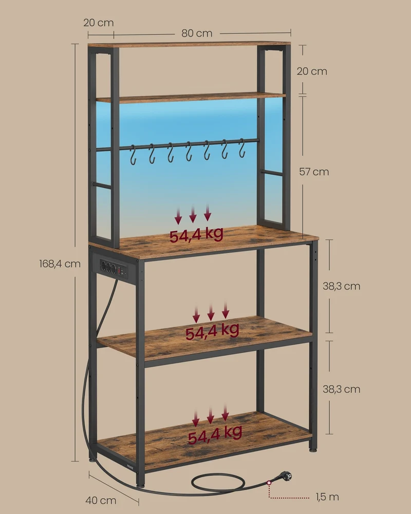 Étagère de cuisine avec support micro-ondes réglable 40 x 80 x 168,4 cm ambiance rustique finition noire en aggloméré marron 12_0012652