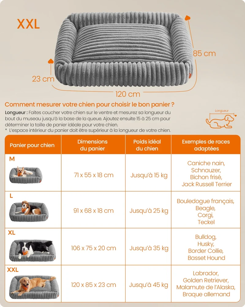 Panier pour chien orthopédique moelleux lavable 120 x 85 x 23 cm ambiance cosy en tissu côtelé gris 12_0012615