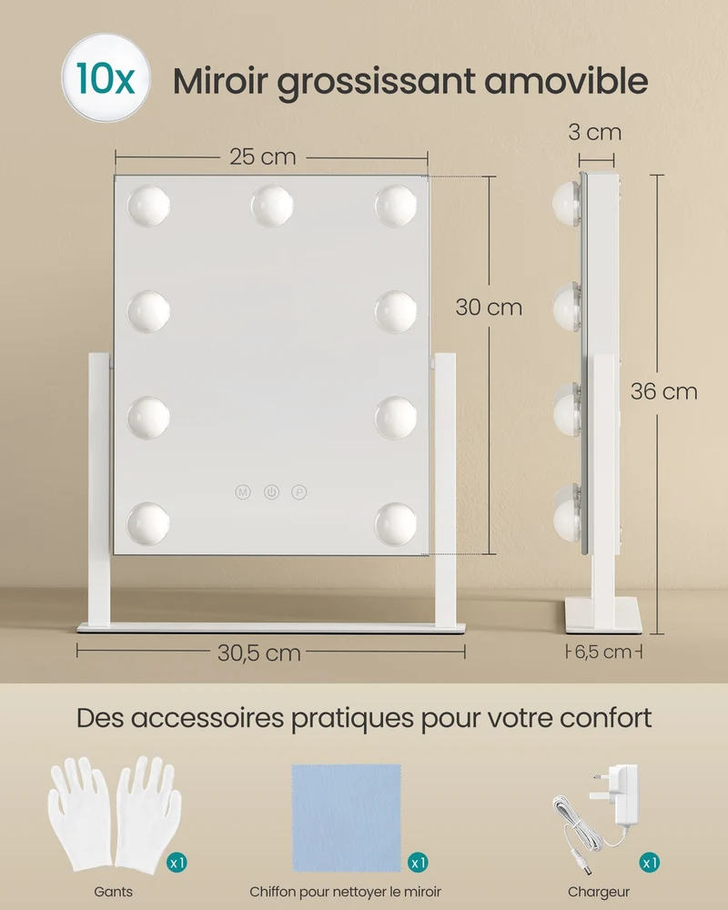 Miroir de coiffeuse design moderne 58 x 43 cm avec contrôle tactile et éclairage LED en verre blanc mat 12_0013020