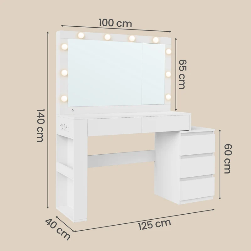 Coiffeuse moderne avec miroir et 5 tiroirs 40 x 125 x 140 cm ambiance cosy finition mate en aggloméré blanc 12_0013145