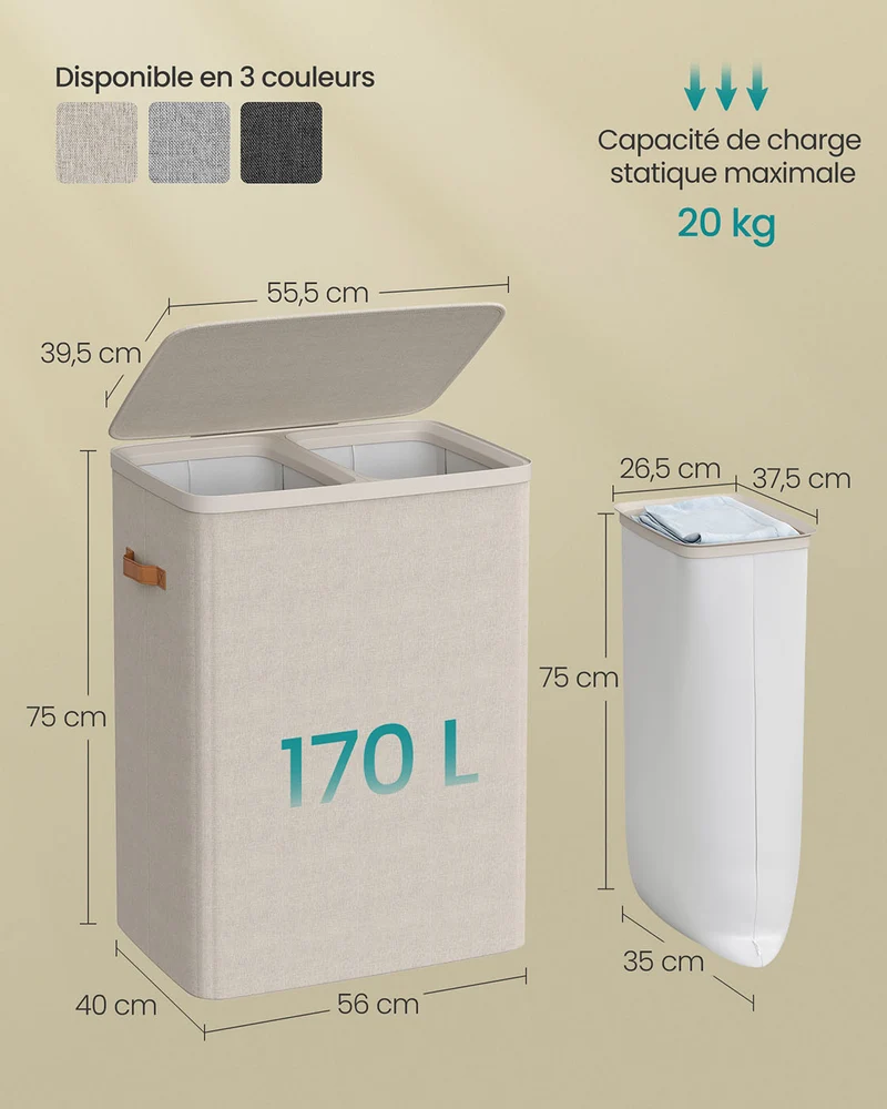Panier à linge corbeille de rangement 56 x 40 x 75 cm avec 2 compartiments pratique finition moderne en tissu beige cappuccino 12_0012298