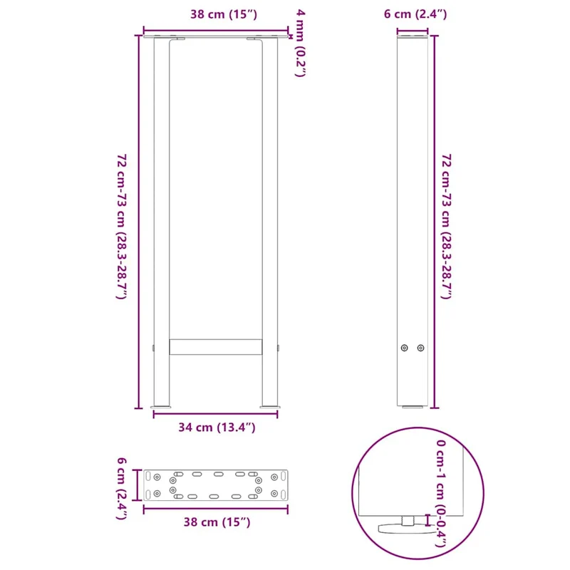 Lot de 2 pieds de table console robustes avec nivelleurs 38 x 72 cm en acier blanc 02_0057537