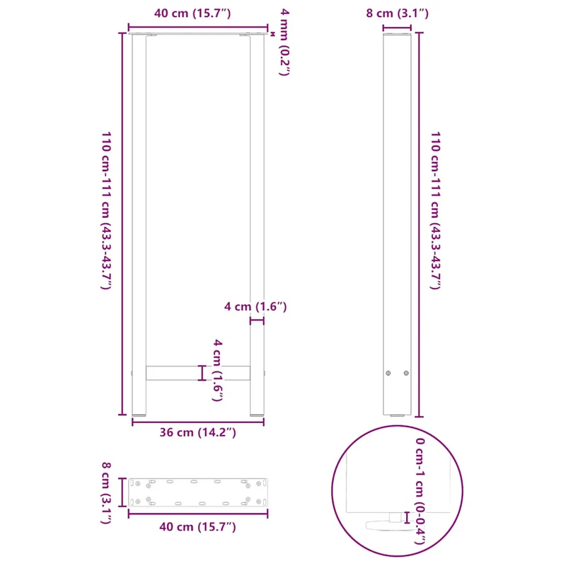 Lot de 2 pieds de table de bar en acier 40 x 110-111 cm avec réglage de hauteur style moderne anthracite 02_0057590