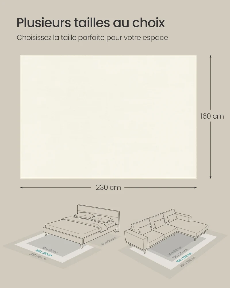 Tapis décoratif moderne antidérapant 230 x 160 cm pour salon chambre ambiance cosy en polyester blanc crème 12_0011078