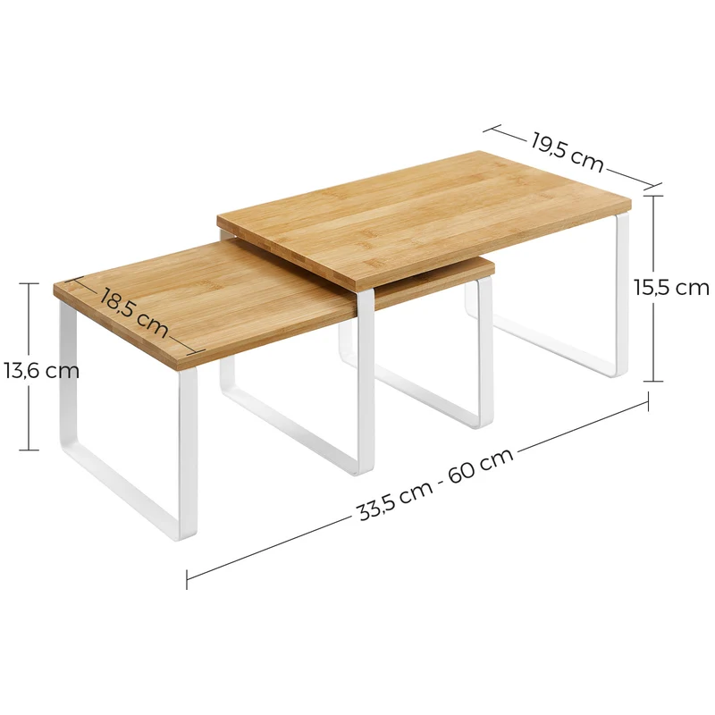 Lot de 2 étagères empilables organisatrices de cuisine 29,7 x 19,5 x 15,5 cm et 29,7 x 18,5 x 13,6 cm en métal bois 12_0010422
