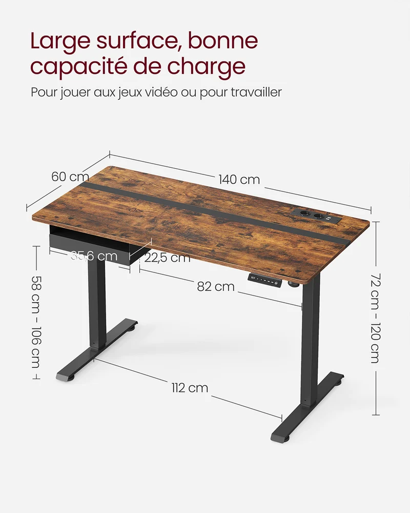 Bureau assis-debout réglable en continu 60 x 140 cm fonction mémoire ergonomique style rustique en bois marron 12_0010174