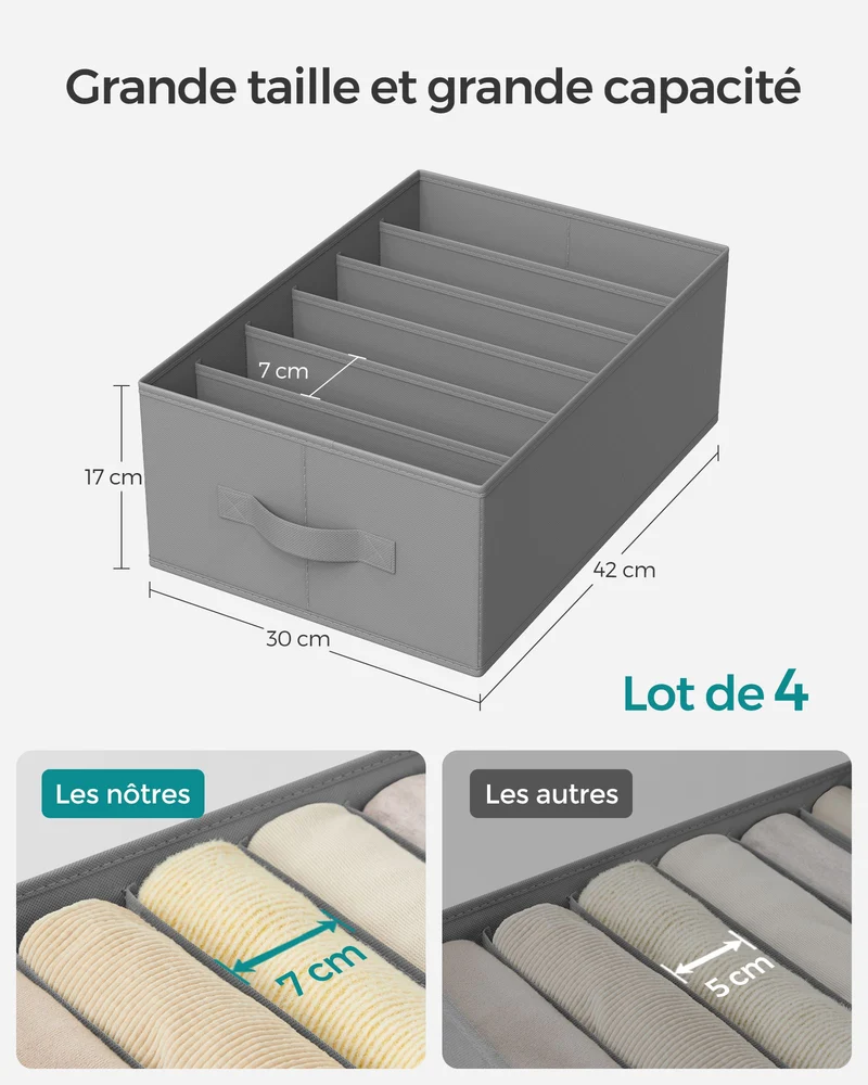 Lot de 4 organisateurs de rangement en tissu pour vêtements 42 x 30 x 17 cm style épuré gris tourterelle 12_0010981