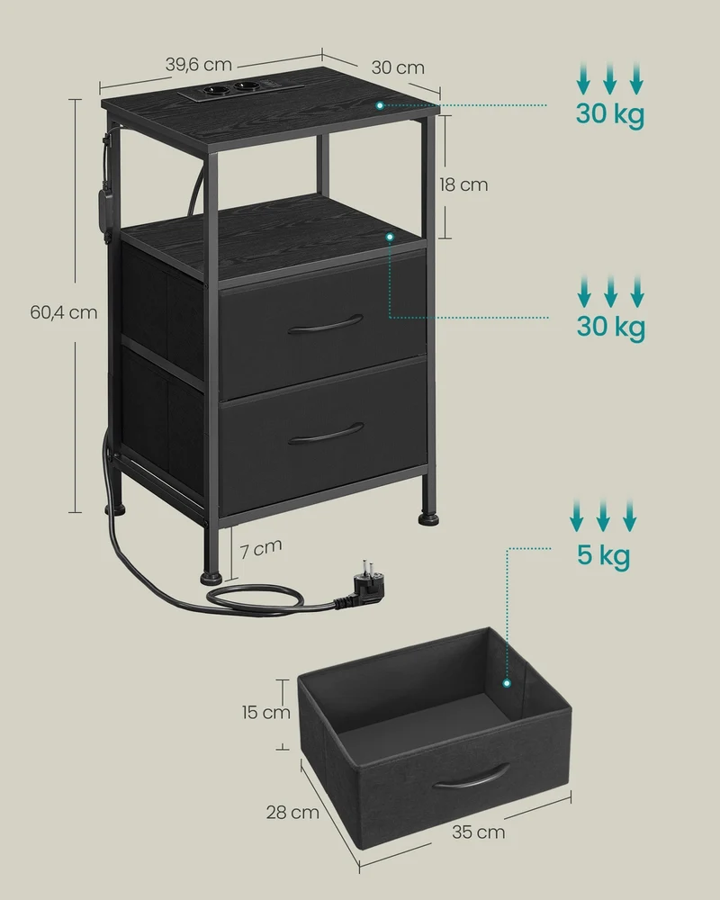 Table de chevet moderne avec éclairage LED réglable 30 x 39,6 x 60,4 cm ambiance cosy 1 étagère ouverte 2 tiroirs en aggloméré noir 12_0012746