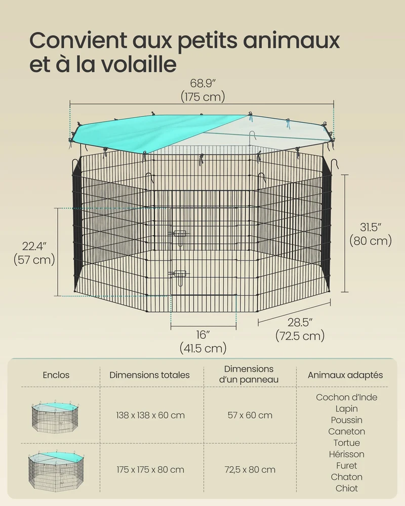 Enclos pour petits animaux octogonal 175 x 175 x 80 cm avec toit respirant protection solaire en acier noir 12_0012132