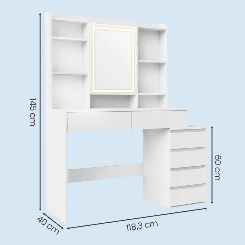 Coiffeuse moderne avec grand miroir lumineux réglable 40 x 118 x 145 cm en panneau d'aggloméré blanc 12_0013208