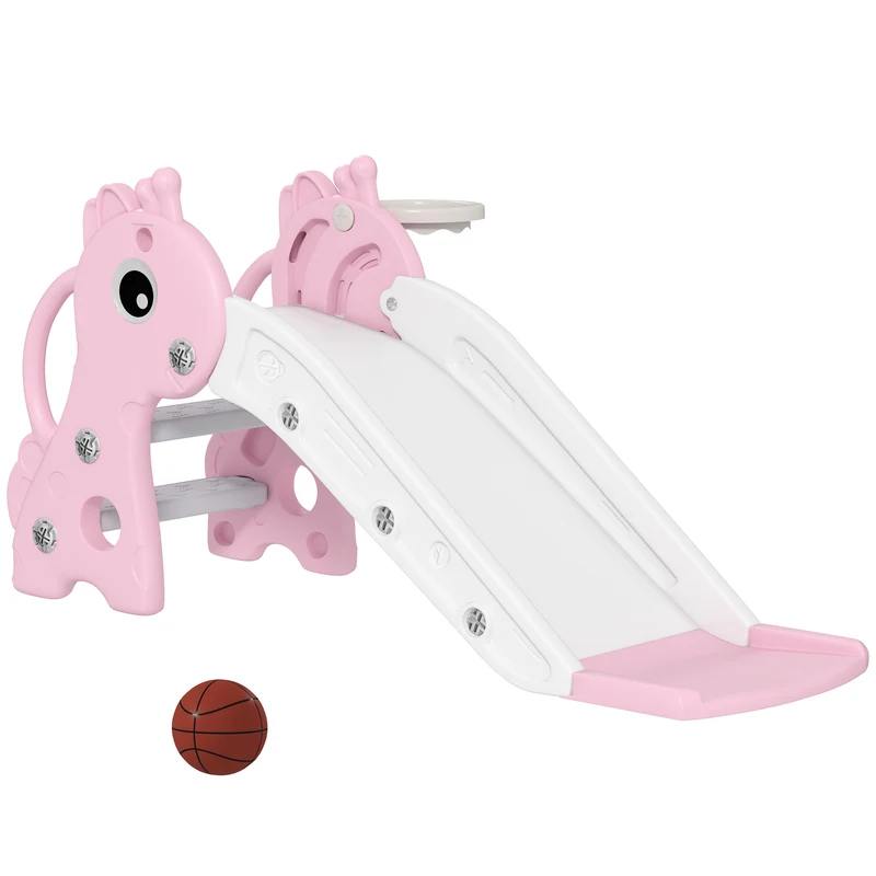 Toboggan pour enfants forme girafe 106 x 51,5 x 52 cm panier inclus escalade sécurisée style moderne compact en PP rose 21_0000314