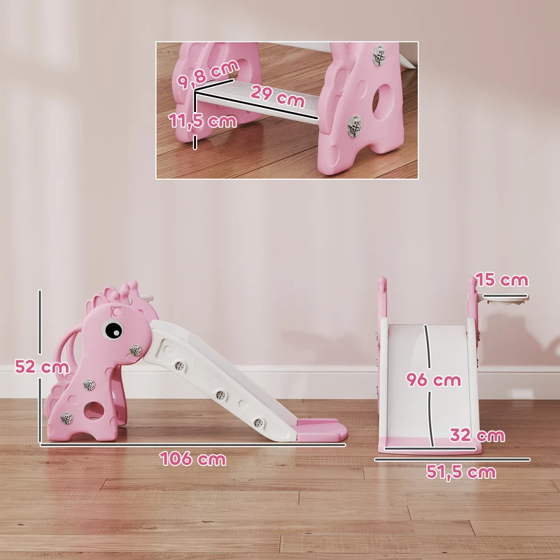 Toboggan pour enfants forme girafe 106 x 51,5 x 52 cm panier inclus escalade sécurisée style moderne compact en PP rose 21_0000314