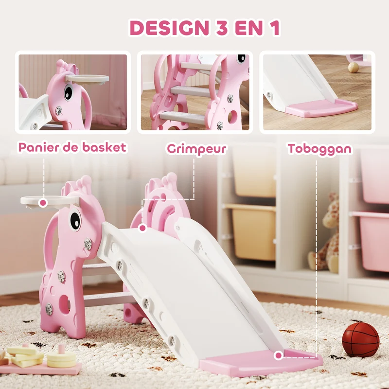 Toboggan pour enfants forme girafe 106 x 51,5 x 52 cm panier inclus escalade sécurisée style moderne compact en PP rose 21_0000314