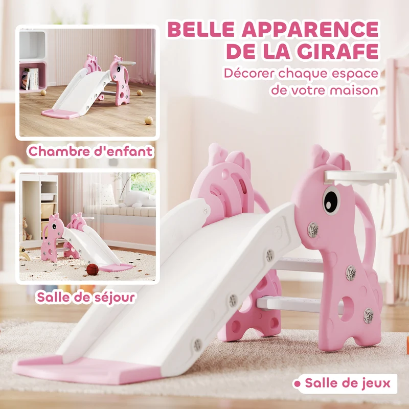 Toboggan pour enfants forme girafe 106 x 51,5 x 52 cm panier inclus escalade sécurisée style moderne compact en PP rose 21_0000314