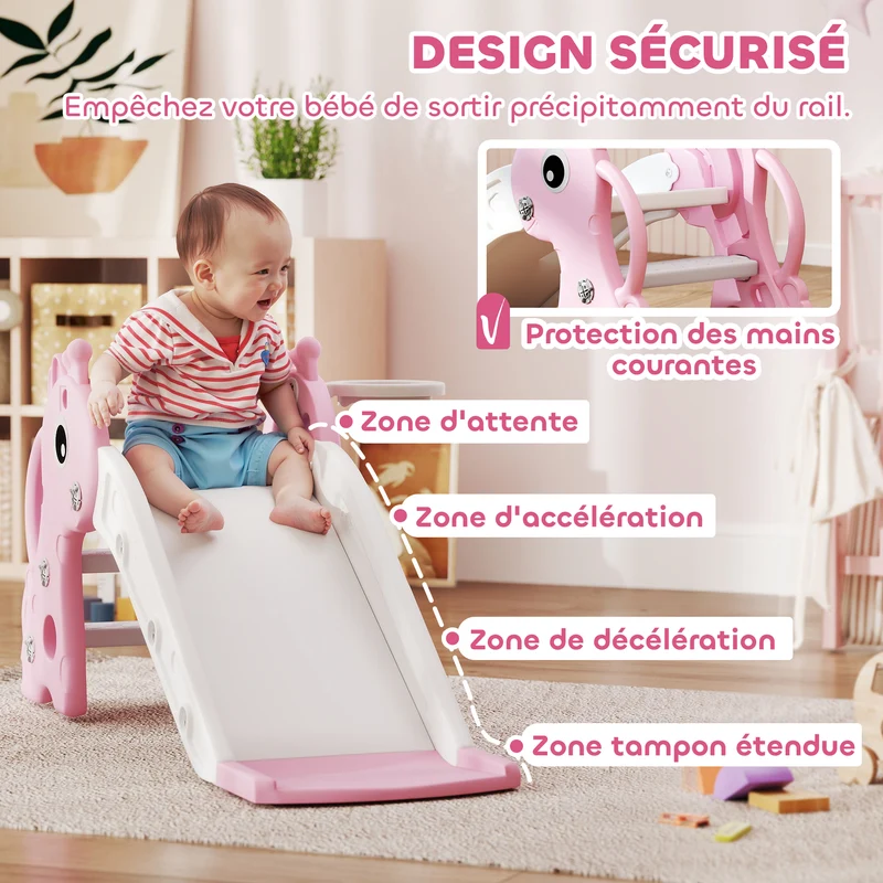 Toboggan pour enfants forme girafe 106 x 51,5 x 52 cm panier inclus escalade sécurisée style moderne compact en PP rose 21_0000314