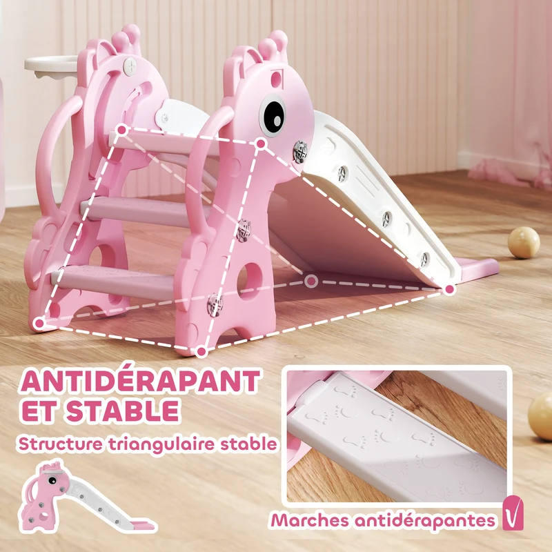 Toboggan pour enfants forme girafe 106 x 51,5 x 52 cm panier inclus escalade sécurisée style moderne compact en PP rose 21_0000314