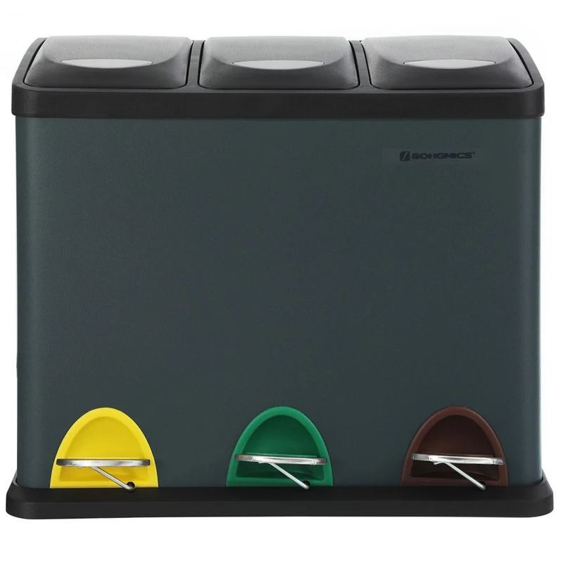 Poubelle de recyclage poubelle à pédales 3-en-1 poubelle 24 litres en métal pour cuisine durable facile à nettoyer gris anthracite 12_0003238