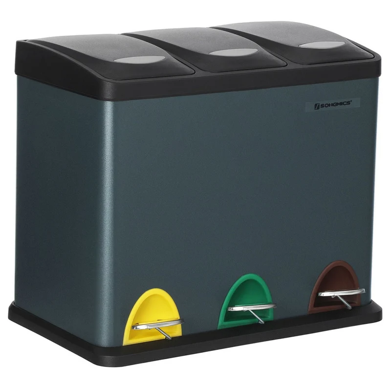 Poubelle de recyclage poubelle à pédales 3-en-1 poubelle 24 litres en métal pour cuisine durable facile à nettoyer gris anthracite 12_0003238