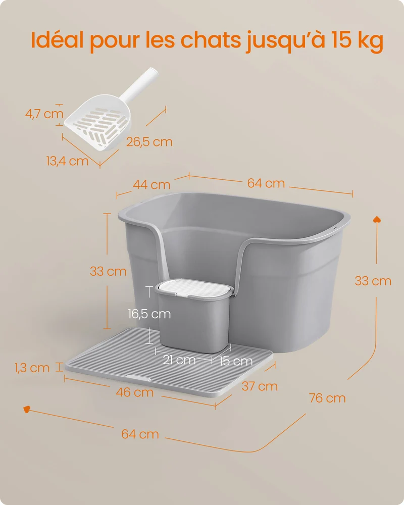 Lot de 4 accessoires pour chat bac à litière rangement 64 x 76 x 33 cm en PP gris tourterelle 12_0012459