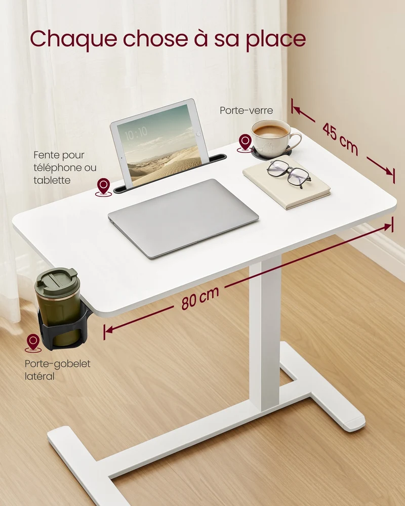 Bureau assis-debout mobile réglable hauteur 80 x 45 x 65 à 102 cm 2 porte-gobelets design épuré en acier blanc 12_0012897