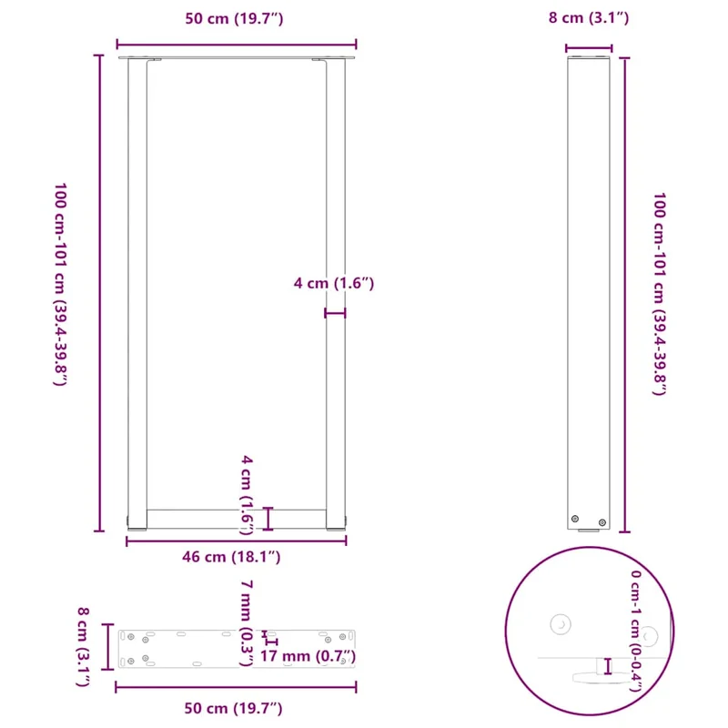 Lot de 2 pieds de table de bar en U 50 x 101 cm avec niveleurs réglables design moderne en acier anthracite 02_0057474