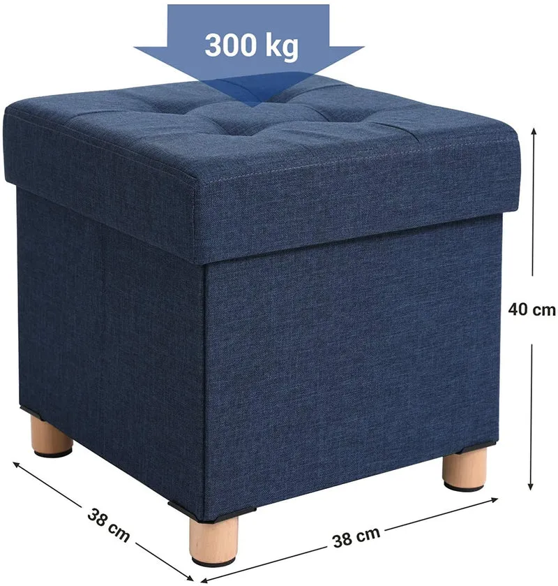 Banc de rangement tabouret rembourré pliable avec couvercle pieds en bois massif 38 x 38 x 40 cm gain de place capacité de charge 300 kg pour chambre couloir bleu marine 12_0000422