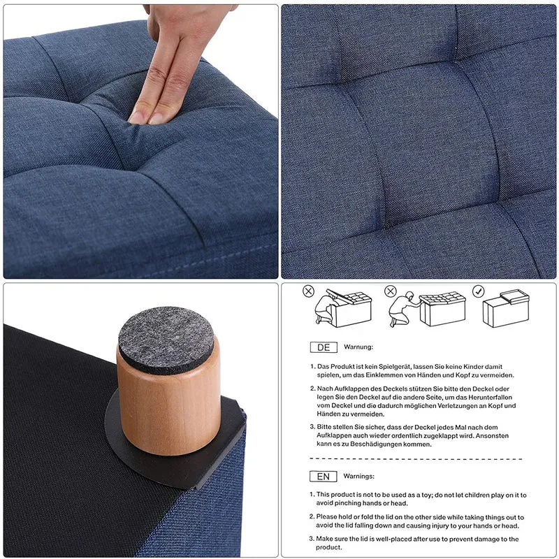 Banc de rangement tabouret rembourré pliable avec couvercle pieds en bois massif 38 x 38 x 40 cm gain de place capacité de charge 300 kg pour chambre couloir bleu marine 12_0000422